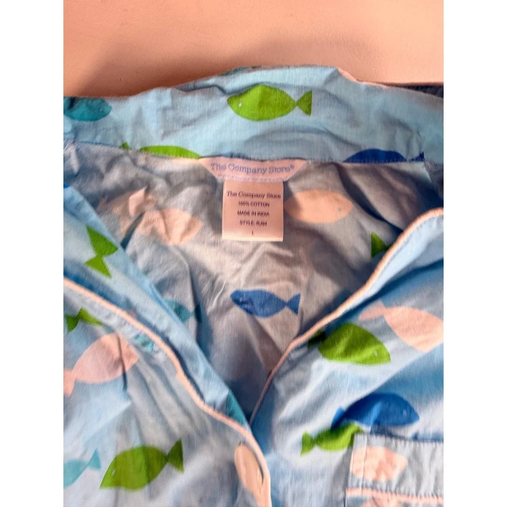 Y2K Pajama Set Womens L Blue Excellent Fish Print Cotton RJ94